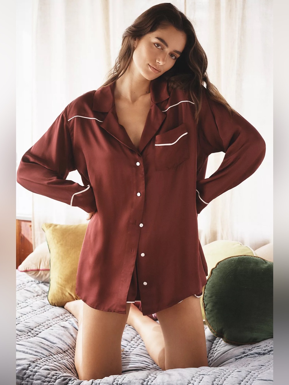 NWT By Anthropologie Silky Western Blouse Wine XXS Fits Medium Oversized